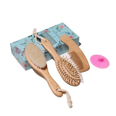 Low MQO Wooden handle goat baby hair brush with comb set