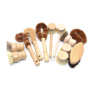 Custom LOGO high quality sisal palm bamboo wooden coconut fiber glass Water cup bottle brush kitchen dish pot cleaning brush set