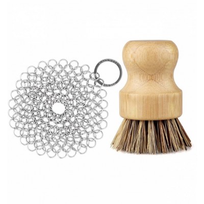 Bamboo Wood Stainless Steel Chainmail Scrubber Set Cast Iron Cleaner 4in With Wood Scrub Cleaning Brushes